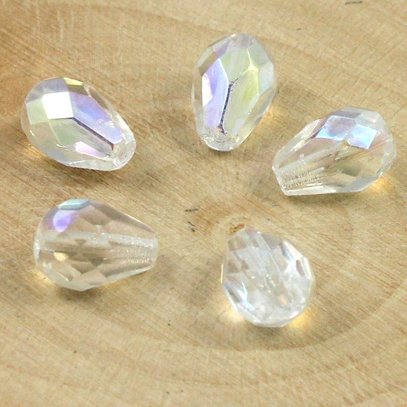 Korálky broušené kapky AB čiré 10x7mm – 10 ks