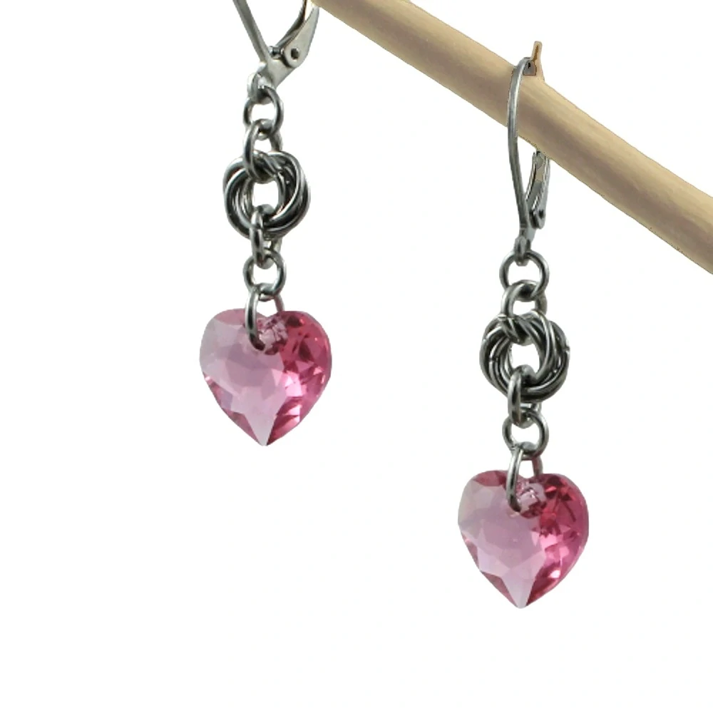 Náušnice Swarovski srdíčka růžová s kroužky