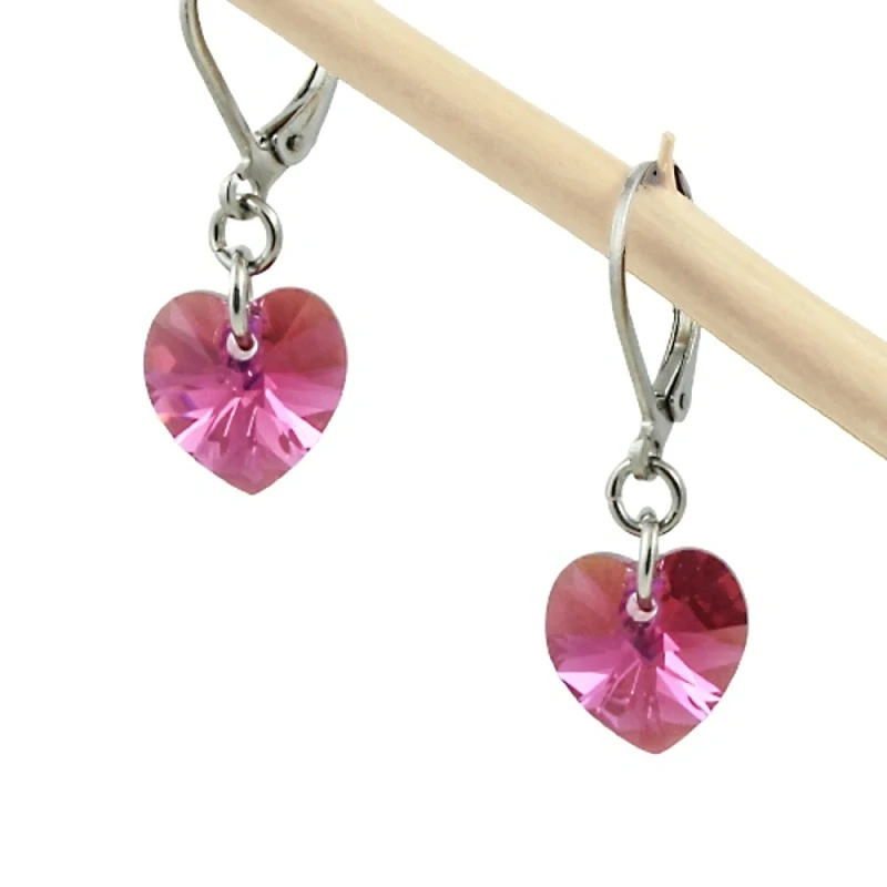 Náušnice Swarovski srdíčka fuchsiová