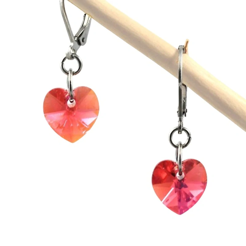 Náušnice Swarovski srdíčka Indian Pink AB