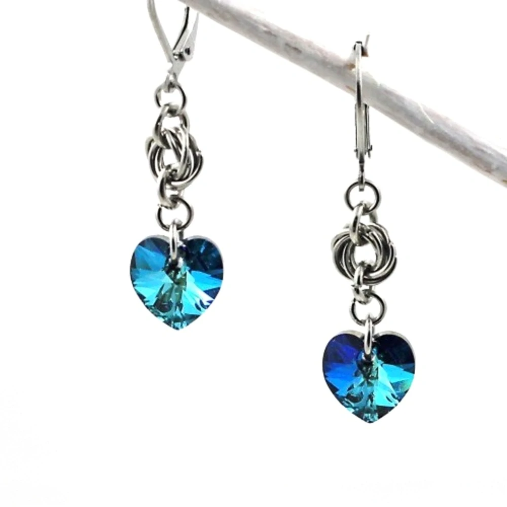 Náušnice Swarovski srdíčka Bermuda Blue s kroužky