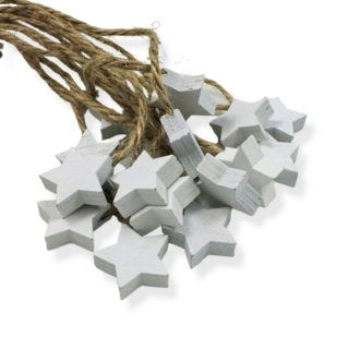 Hvězdička dřevěná bílá na provázku – 16 ks