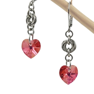 Náušnice Swarovski srdíčka Indian Pink AB s kroužky